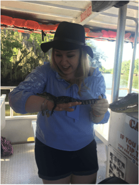 Kelly and Fluffy the alligator in New Orleans