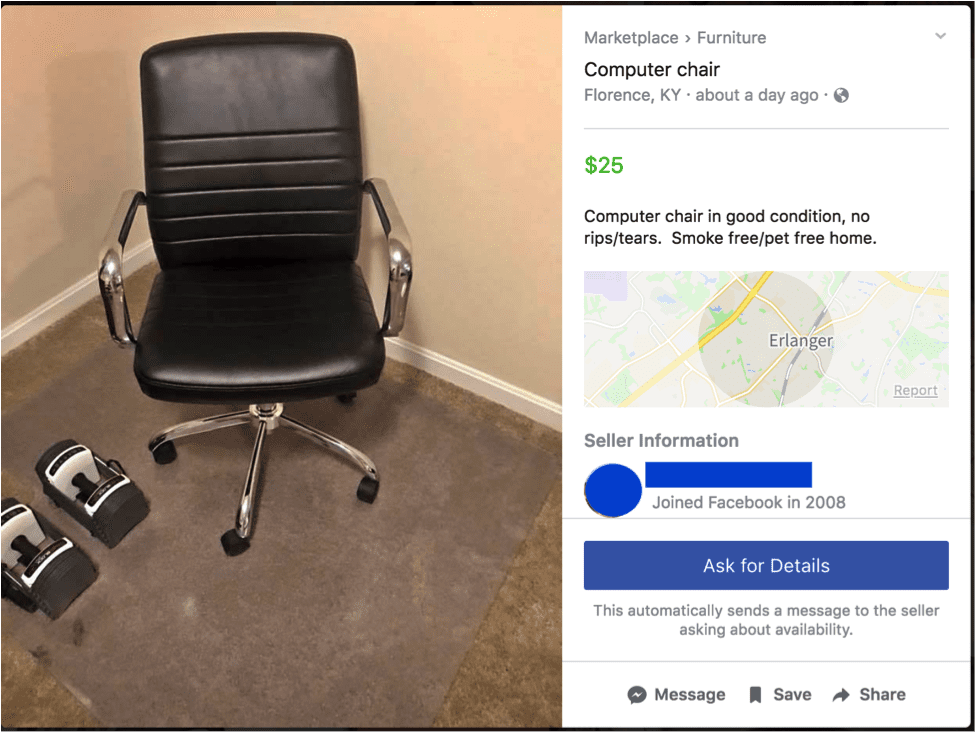 How to Get Cheap Furniture | A Facebook Marketplace listing for a desk chair
