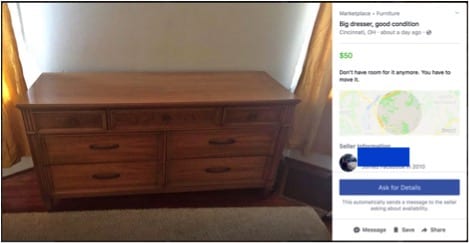 How to Get Cheap Furniture: a dresser that Talon Lister found on Facebook Marketplace