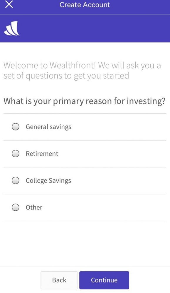 Wealthfront "create account" page